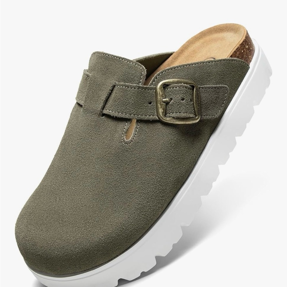 NIB Olive Suede Clogs with Buckle